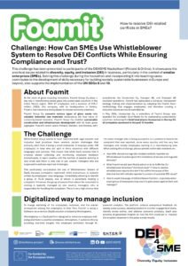 While Foamit Group seems to have mastered both legal aspects and inclusion best practices there remains certain challenges that primarily stem from it being a small enterprise. It employs under 100 employees in total who are split in three countries with different languages and cultures. This means that while SaaS solution that it employs allows collecting and monitoring employee feedback anonymously, in each country unit the number of people working is very small and there is only one or just several managers who are supposed to address reported challenges. This particularly complicates the use of Whistleblower feature of SaaS, because complaints registered, while anonymous, is typically written by employees’ local language, immediately allowing to identify a group of 15-20 people, one of whom is potentially making a complaint. Moreover, the group of people from where the complaint is coming is typically managed by one country managers, who is responsible for handling the complaint. There is very high chance that the same manager who is being accused is in a position to handle the complaint that was reported, since every country unit has very few managers and mostly employees working in a manufacturing area. When solving this challenge, please provide actionable solutions on: How SME should manage DEI-related conflicts reported via Whistleblower function given the limitations of ist size and linguistic diversity? What Foamit would specifically adopt or do to fulfill the EU-whistleblower directive (“minimum level”)? How to resolve whistleblower reports that don’t fall within the scope of the directive but still indicate reporter’s concern of possible DEI-issue? How to avoid misusage of whistleblower function, especially when small group of employees may use it to gain power against their unit manager?