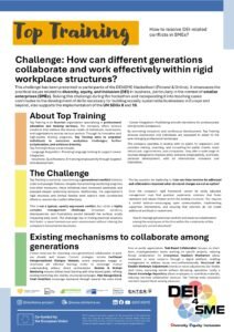 Top Training is currently experiencing a generational conflict between older and younger Trainers. Despite implementing mentoring programs and other measures, these initiatives have increased workloads and exposed deeper underlying tensions. Additionally, the organization’s rigid structure and limited flexible work options have constrained efforts to resolve the conflict effectively. This is not a typical, openly expressed conflict, but rather a highly complex management challenge. Unspoken tensions, discrepancies, and frustrations persist beneath the surface, subtly impacting daily work. The challenge lies in finding practical solutions that foster a more harmonious work environment without altering the company’s fundamental structures. The key question for leadership is: How can these tensions be addressed and collaboration improved when structural changes are not an option? Since the company’s rigid framework cannot be easily adjusted, management must find practical, sustainable solutions that foster teamwork and reduce friction within the existing structures. This requires a careful balance—encouraging open communication, implementing supportive interventions, and ensuring that solutions do not create additional workload or resentment. How to manage generational conflict and advance collaboration among the employees of the firm within the constraints of the company’s current structure?